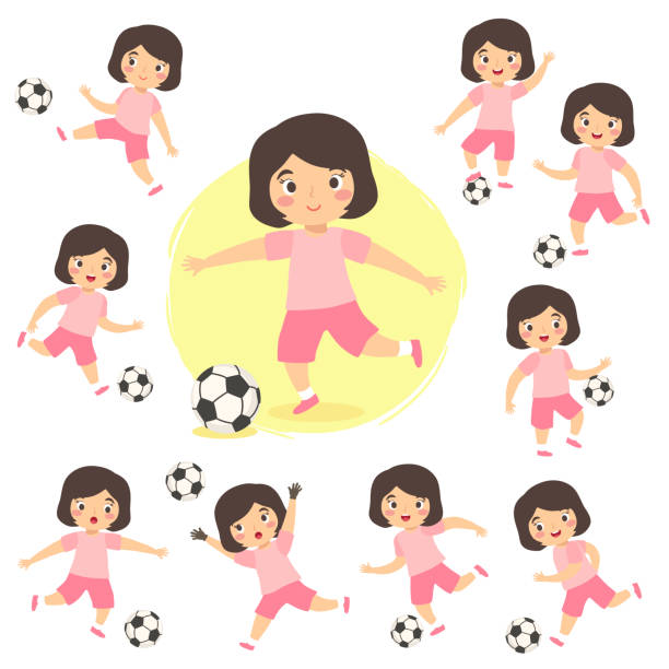 Girl Playing Football Soccer Sport Set Vector Illustration Kids Vector illustration of kids playing soccer in different action style isolated on yellow white background. pink soccer balls stock illustrations