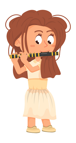 Girl playing on flute. Music hobby concept. Cute cartoon kid