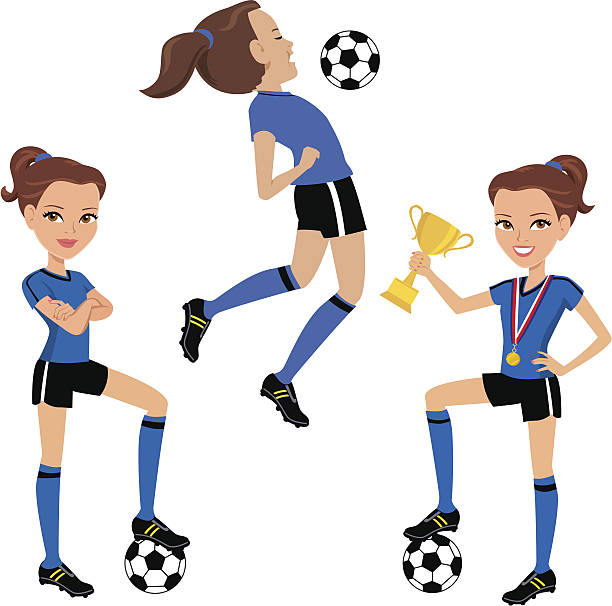stockillustraties, clipart, cartoons en iconen met girl playing soccer in three poses cartoon illustration - voetbal meisje