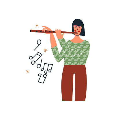Girl playing the flute or woman musician play flute music. Classical music performer with instrument and notes. Symphony concert, solo flutist. Flat vector cartoon illustration isolated on white