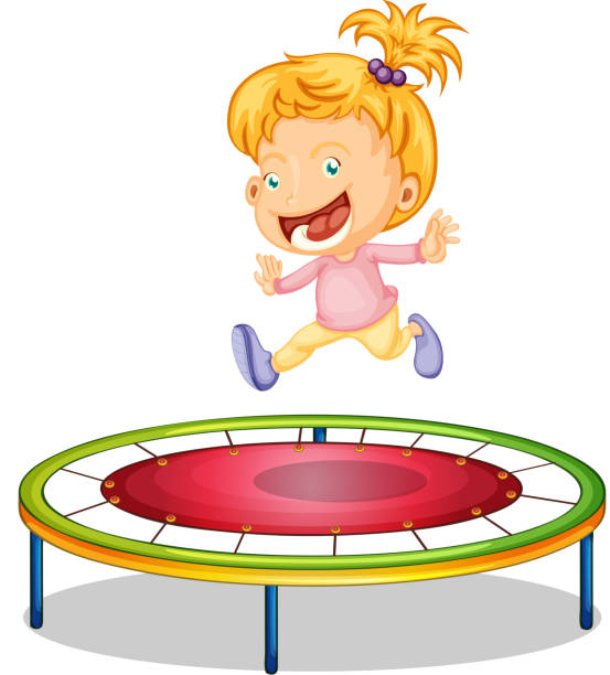 Girl playing trampoline Girl playing trampoline on a white background clip art of kid jumping on trampoline stock illustrations