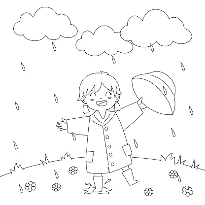 Girl Playing Under The Rain Coloring Page Vector Design Stock ...