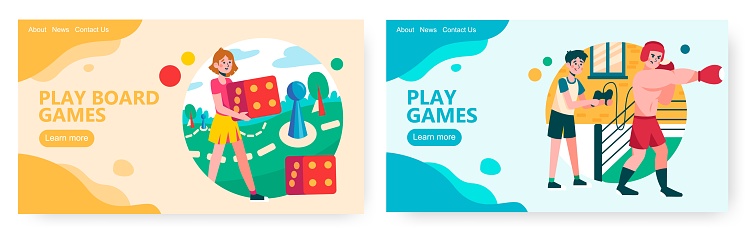 Girl plays board game and roll the dice. Guy uses controller to play boxing video game. Concept illustration. Vector web site design template. Landing page website illustration