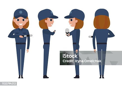 istock Girl police officer isolated on white background. Traffic controller holds a striped rod near the chest. Front, side, back view animated character. 1132794312