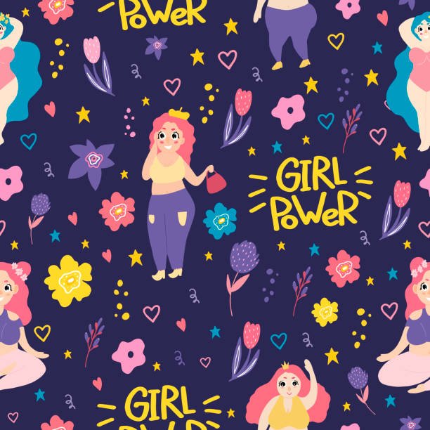 Girl power. Seamless pattern with plus size women. Girl power. Seamless pattern with plus size women. The ballerina is dancing. The girl does gymnastics. Stylish full girls in swimsuits, dresses with flowers. Feminism. Body positive. big fat girl drawing stock illustrations