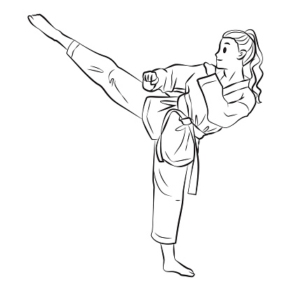 Girl practice high kick Taekwondo Martial Arts Line art Cartoon Illustration