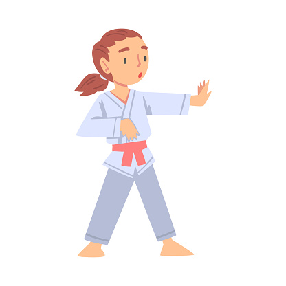 Girl Practicing Karate Martial Art, Kid Doing Sports, Healthy Lifestyle Concept Cartoon Style Vector Illustration