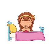 Child praying on bed, cute kid, pray, petition, giving thanks, expression, bedroom, happy cartoon character, young woman, person, vector illustration, isolated, white background