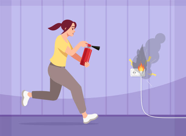 Girl puts out fire semi flat vector illustration Girl puts out fire semi flat vector illustration. Scared young woman with fire extinguisher. House fire. Preventive measures. Faulty wiring 2D cartoon characters for commercial use house fire stock illustrations