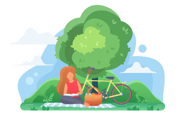 Girl reading book under tree flat vector illustration. Smart young...