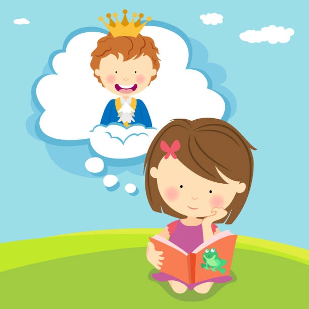 ilustrações de stock, clip art, desenhos animados e ícones de menina leitura com imaginação - kid reading outside