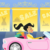 Shopping girl in luxury car goes for sale vector illustration
