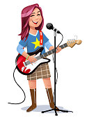 Vector illustration of a teenage girl with pink long hair wearing a skirt and boots, singing and playing electric guitar- isolated on white. Concept for creativity, talent, rock and pop music, youth culture and fame.