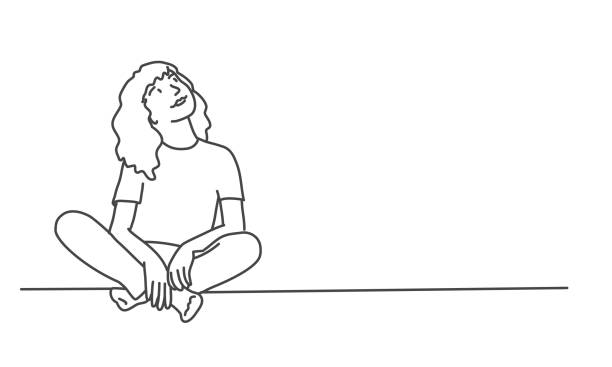 Girl sit on the floor and look up Girl sit on the floor and look up. Line drawing vector illustration. looking up stock illustrations