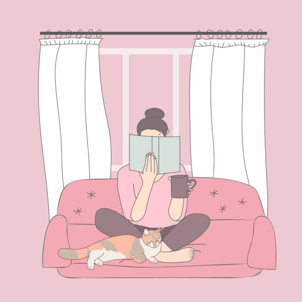 ilustrações de stock, clip art, desenhos animados e ícones de girl sitting at home on the couch with book and cat - book cat