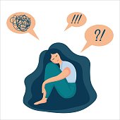 Cartoon vector illustration of psychological concept. Sad lonely woman in depression with long beautiful hair. Young unhappy girl with bewildered thoughts in her mind, sitting and hugging her knees.