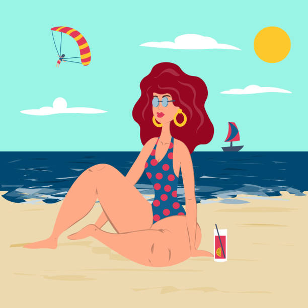 stockillustraties, clipart, cartoons en iconen met meisje zittend op het strand op een warme zonnige dag. illustratie in platte stijl - plakband mond