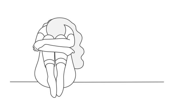 Girl sitting on the floor hugging her legs Girl sitting on the floor hugging her legs. Hand drawn vector illustration. pain drawings stock illustrations