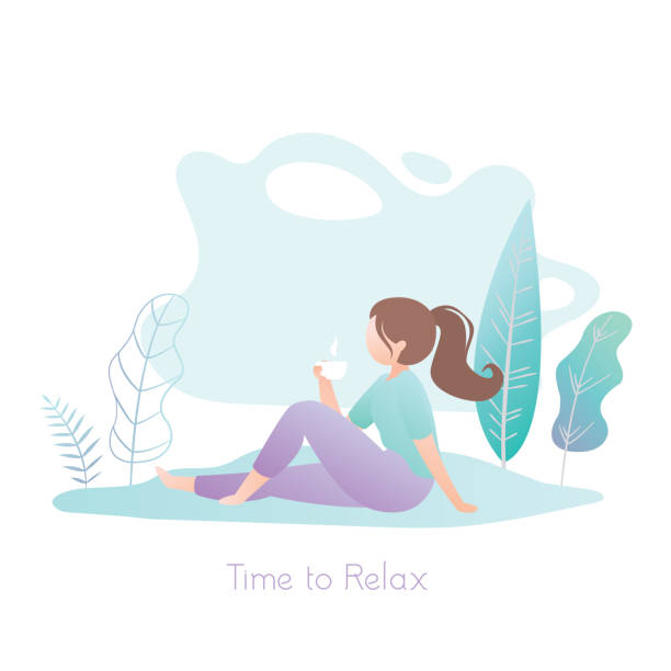 손에 컵을 들고 앉아 있는 소녀, 공원 또는 해변 배경, 휴식 시간 - curley cup stock illustrations