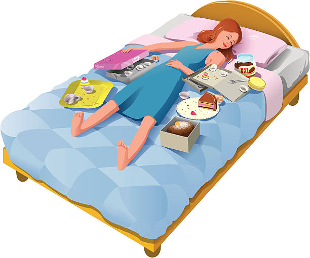 illustrazioni stock, clip art, cartoni animati e icone di tendenza di ragazza dorme con cibo spazzatura - panettone