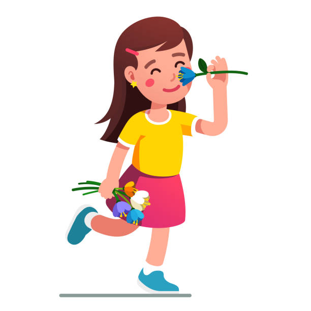 bildbanksillustrationer, clip art samt tecknat material och ikoner med flickan luktar blomma. kid holding tulpanbukett - endast en flicka