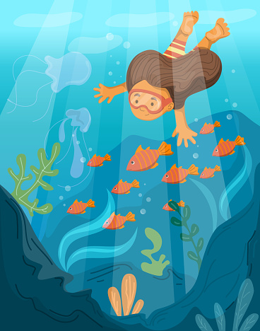 Girl snorkeling. Fish and coral in the sea.