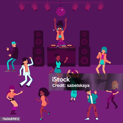 istock DJ girl stands at mixing console and people dancing in nightclub cartoon style 1160689812