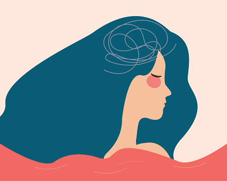 Girl stands in the choppy water feeling lost and confused. Depressed woman looks frustrated. Concept of mental health disorders. Vector illustration