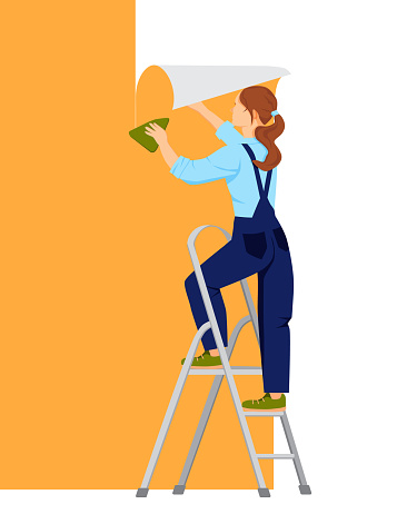 A girl stands on a stepladder and glues wallpaper on the wall. Decorator woman. Apartment or house renovation.