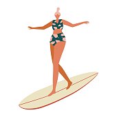 Girl surfer character in a tropical print swimsuit and with a surfboard. Summer illustration for printing on a T shirt, postcard, pillow, poster, textile and more.Vector illustration in hand drawn style.