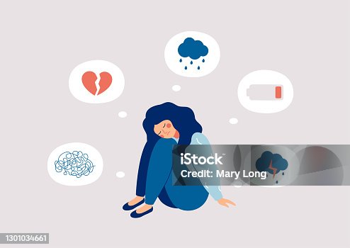 istock Girl surrounded by symptoms of depression disorder: anxiety, crisis, tears, exhaustion, loss,  overworked, tired. 1301034661