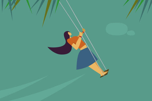 stockillustraties, clipart, cartoons en iconen met meisje swingen in de outdoor - adventure woman