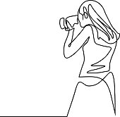 A girl taking photo with her camera. One line continuous.