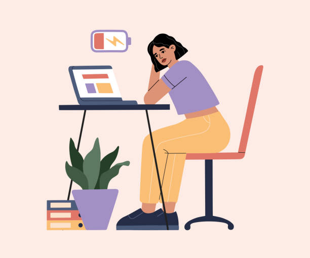Girl tired of hard working, burnout because of work vector art illustration