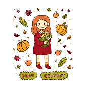 istock Girl with a corn and inscription "Happy Harvest" with leaves, apples, pumpkins, on a white background. It can be used for a notebook, mug, sticker, patch, invitation card, brochures. 1394191673