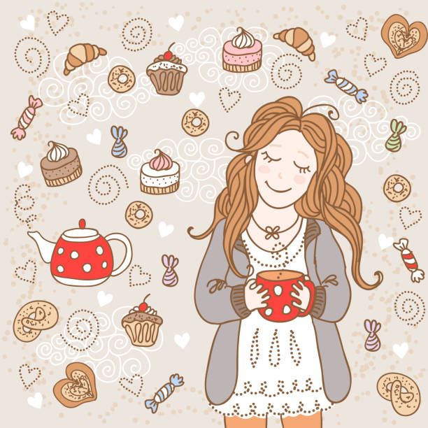 ilustraciones, imágenes clip art, dibujos animados e iconos de stock de chica con una taza de té - curley cup