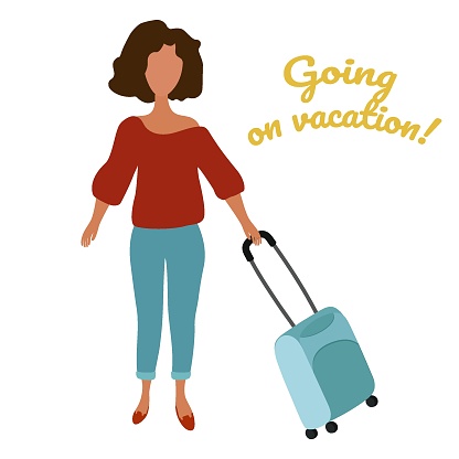 A girl with a suitcase on wheels. The trip into a vacation. Vector. In the style of hand drawing.