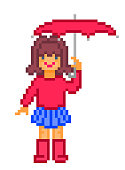Girl with an umbrella, cartoon pixel art character isolated on white background. Retro 80s; 90s slot machine/video game graphics. Happy woman standing in the rain, vintage 8 bit illustration.