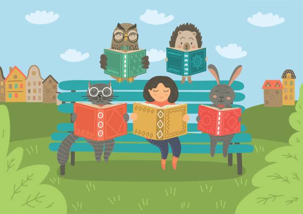 ilustrações de stock, clip art, desenhos animados e ícones de girl with animals reading book on the bench - kid reading outside