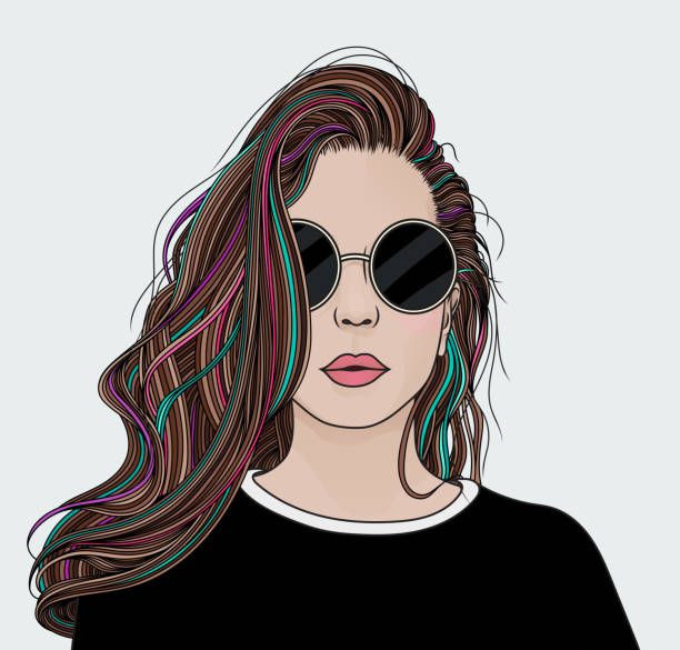 Girl with big hair Hand draw portrait of a beautiful young woman with sunglasses and big, long, luscious hair. EPS10 vector illustration. hairstyle illustrations stock illustrations