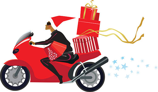 mädchen mit weihnachten präsentiert auf einem motorrad - motorrad fluss stock-grafiken, -clipart, -cartoons und -symbole