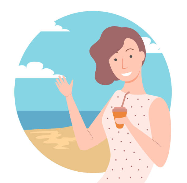 女孩與咖啡姿勢， 海邊背景向量 - curley cup 幅插畫檔、美工圖案、卡通及圖標