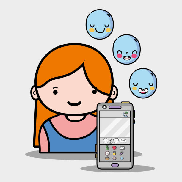stockillustraties, clipart, cartoons en iconen met meisje met emoji iconen van whatsapp app - whatsapp