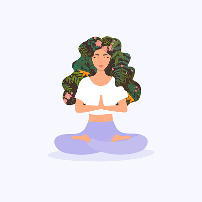 Girl with flower hair in gyan mudra yoga namaste pose exercise. Meditation health benefits for body, mind and emotions.
