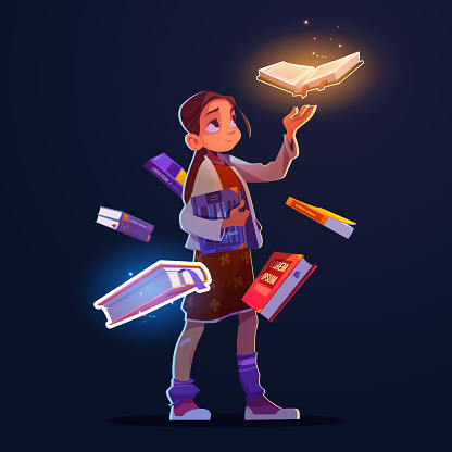 Girl with flying books with magic glow