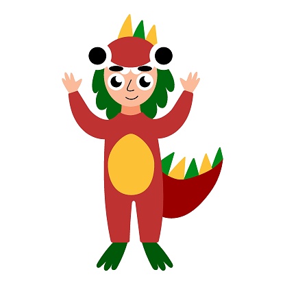 Girl with green hair in red dinosaur costume for Halloween vector illustration