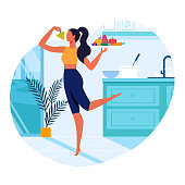 Girl with Healthy Food Flat Vector Illustration. Slim Young Woman in Kitchen Cartoon Character. Vegetarian Holding Serving Tray with Fresh Fruits and Vegetables. Healthy Lifestyle, Vegan Nutrition