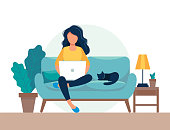 istock girl with laptop sitting on the chair. Freelance or studying concept. Cute illustration in flat style. 1178762871