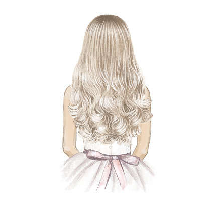 Girl with long blonde hair like a doll. Hand drawn illustration