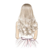 Girl with long blonde hair like a doll. Hand drawn illustration.